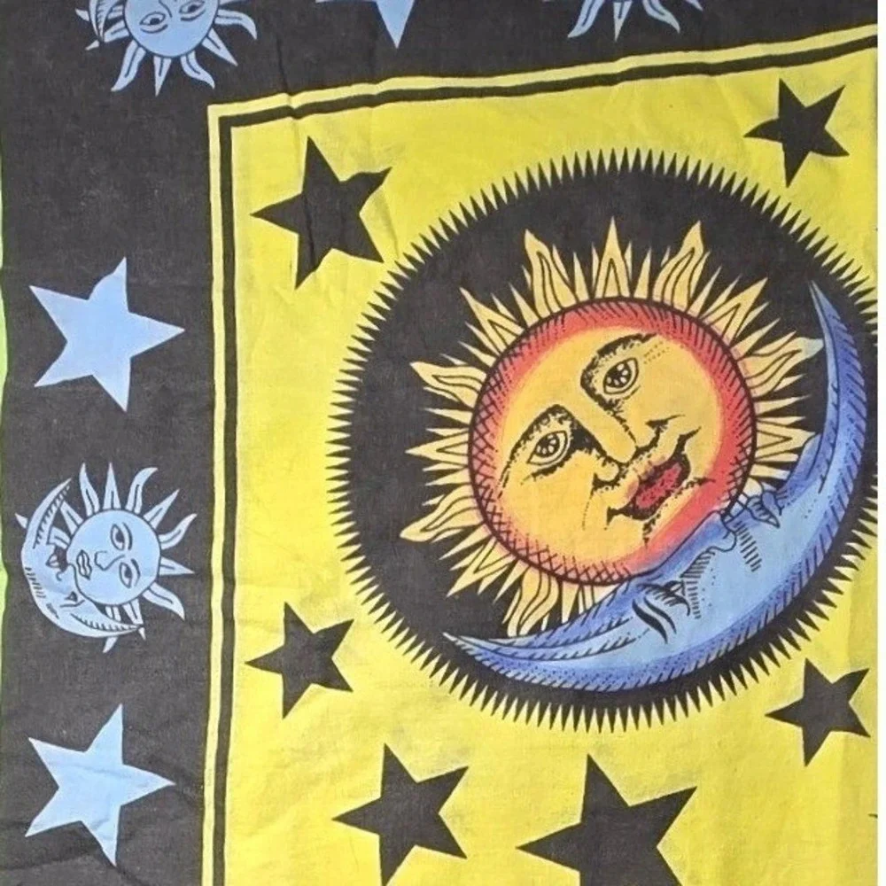 Boho Sun Moon Stars cotton Wall Hanging Throw Blanket Yellow Black Green full sz